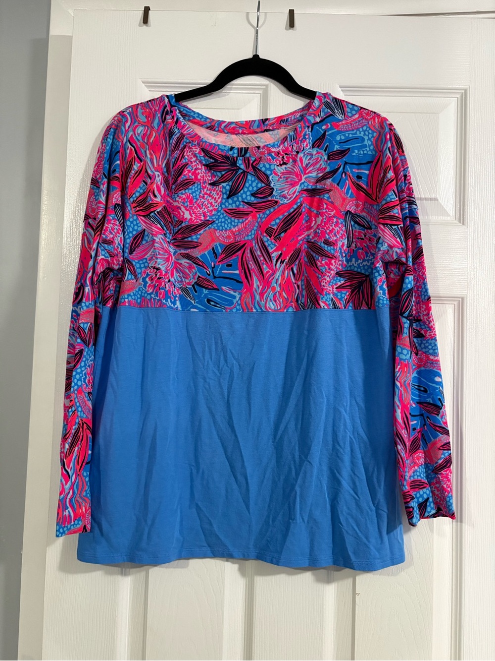 Lilly Pulitzer Blue and Pink Floral Blocked Long-Sleeve Tee